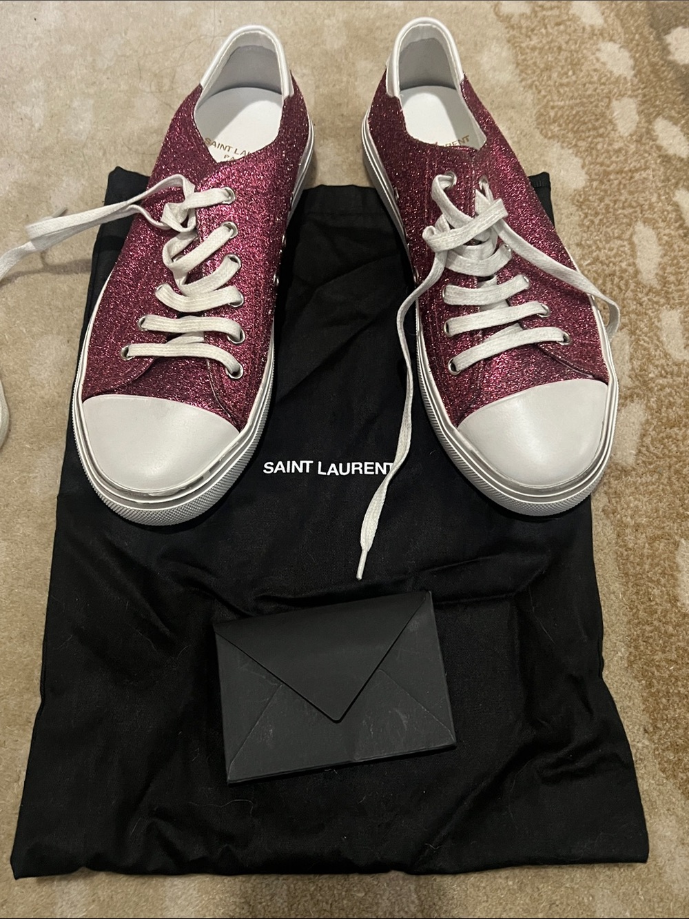 Saint Laurent Women's Magenta Glitter Low-Top Sneakers with White Toe